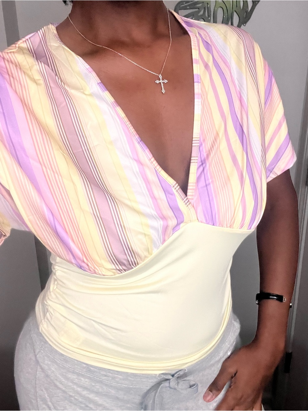 Pastel Stripe V-Neck Blouse in Yellow & Pink